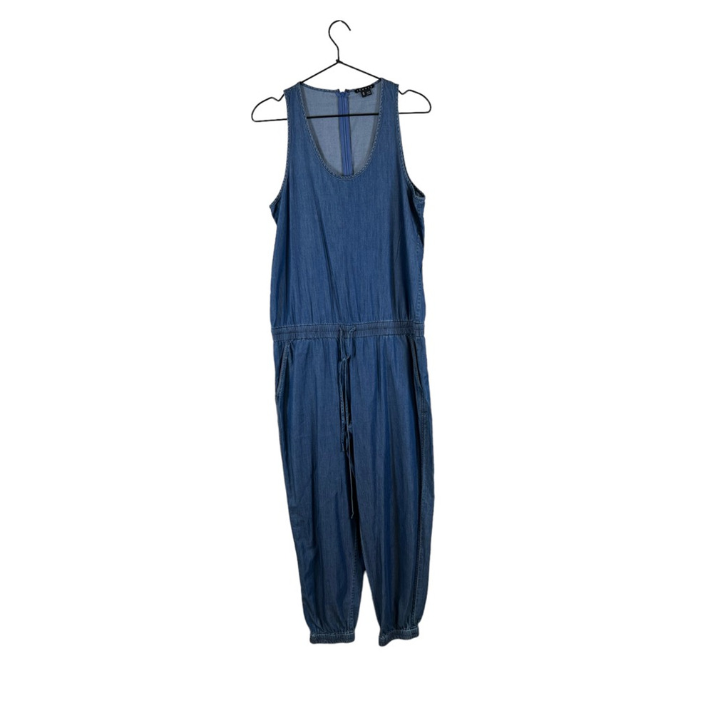 Theory Denim Sleeveless Jogger Jumpsuit Size M Dark Wash Blue Pocket Scoop Neck